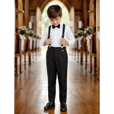 Conjunto Social Pajem Camisa Branca com Calça e Susp. Preto