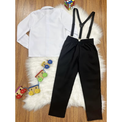 Conjunto Social Pajem Camisa Branca com Calça e Susp. Preto