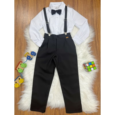 Conjunto Social Pajem Camisa Branca com Calça e Susp. Preto