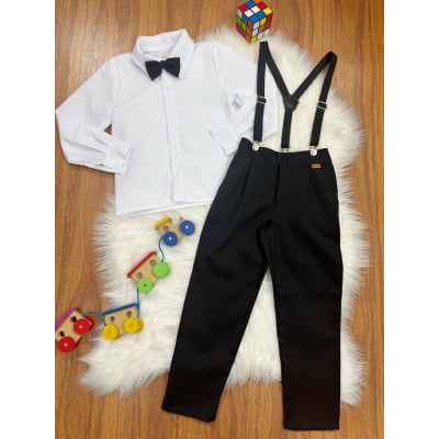 Conjunto Social Pajem Camisa Branca com Calça e Susp. Preto