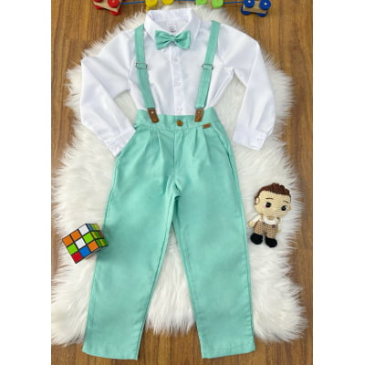 Conjunto Social Pajem Camisa Branca com Calça e Susp. Verde