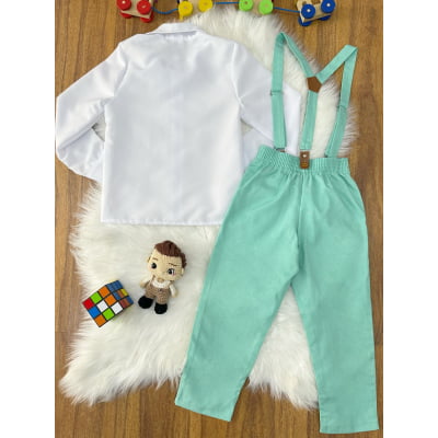 Conjunto Social Pajem Camisa Branca com Calça e Susp. Verde