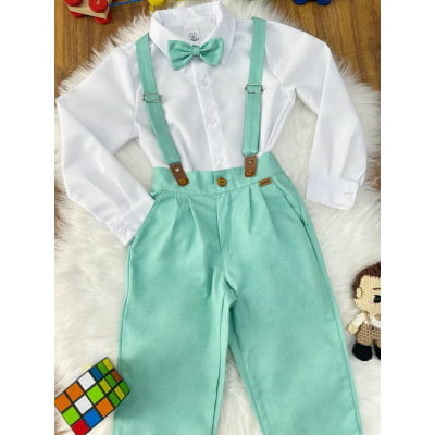 Conjunto Social Pajem Camisa Branca com Calça e Susp. Verde