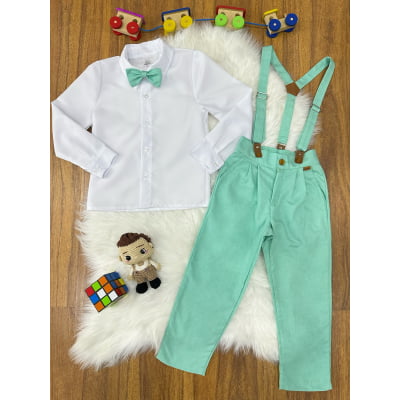 Conjunto Social Pajem Camisa Branca com Calça e Susp. Verde