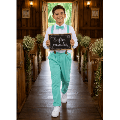 Conjunto Social Pajem Camisa Branca com Calça e Susp. Verde