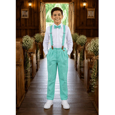 Conjunto Social Pajem Camisa Branca com Calça e Susp. Verde