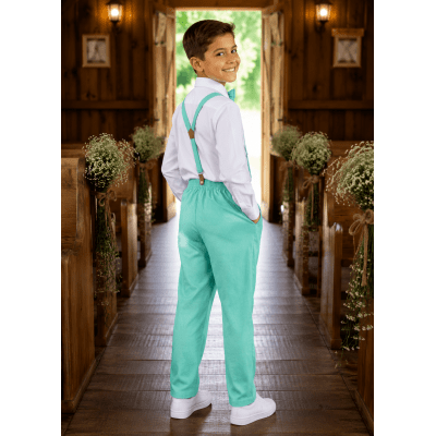 Conjunto Social Pajem Camisa Branca com Calça e Susp. Verde