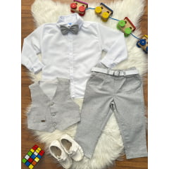 Conjunto Social Pajem Camisa Branca Gravata Calça e Colete Cinza