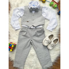 Conjunto Social Pajem Camisa Branca Gravata Calça e Colete Cinza