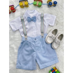 Conjunto Social Pajem Camisa Branca Short e Susp. Azul Claro
