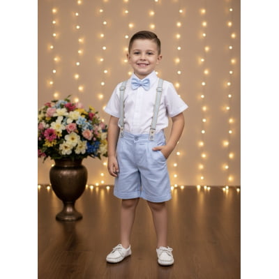 Conjunto Social Pajem Camisa Branca Short e Susp. Azul Claro