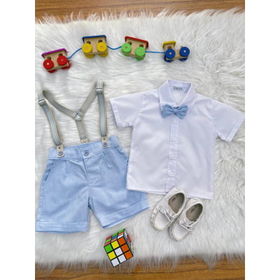 Conjunto Social Pajem Camisa Branca Short e Susp. Azul Claro