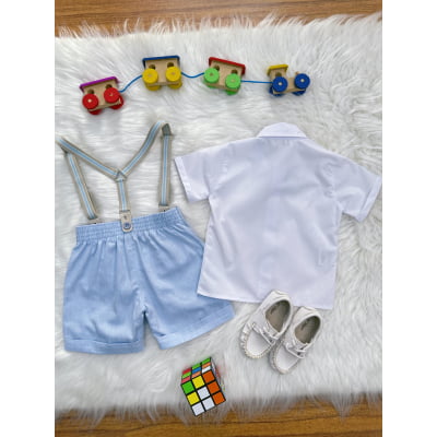 Conjunto Social Pajem Camisa Branca Short e Susp. Azul Claro