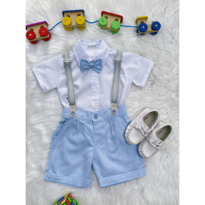 Conjunto Social Pajem Camisa Branca Short e Susp. Azul Claro