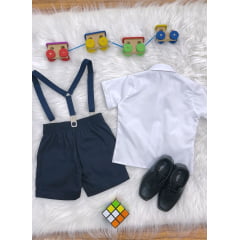 Conjunto Social Pajem Camisa Branca Short e Susp. Azul Escuro
