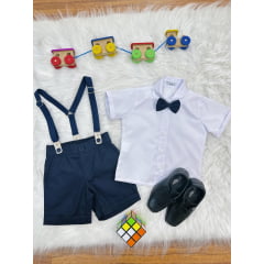 Conjunto Social Pajem Camisa Branca Short e Susp. Azul Escuro