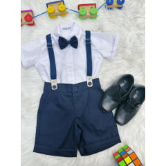 Conjunto Social Pajem Camisa Branca Short e Susp. Azul Escuro