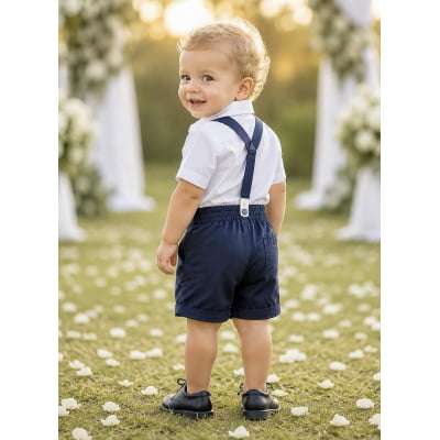Conjunto Social Pajem Camisa Branca Short e Susp. Azul Escuro