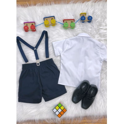 Conjunto Social Pajem Camisa Branca Short e Susp. Azul Escuro