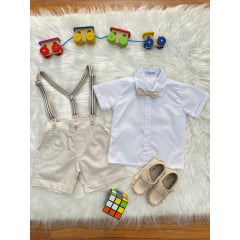 Conjunto Social Pajem Camisa Branca Short e Susp. Bege Claro