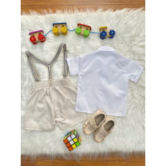 Conjunto Social Pajem Camisa Branca Short e Susp. Bege Claro
