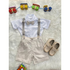 Conjunto Social Pajem Camisa Branca Short e Susp. Bege Claro