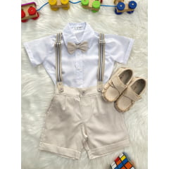 Conjunto Social Pajem Camisa Branca Short e Susp. Bege Claro