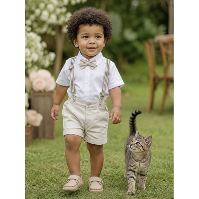 Conjunto Social Pajem Camisa Branca Short e Susp. Bege Claro Conjunto Social Pajem Camisa Branca Short e Susp. Bege Claro