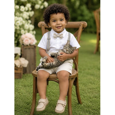 Conjunto Social Pajem Camisa Branca Short e Susp. Bege Claro