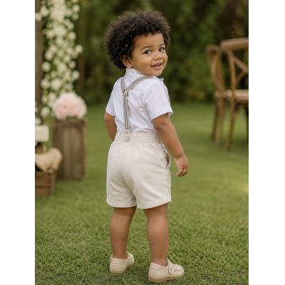 Conjunto Social Pajem Camisa Branca Short e Susp. Bege Claro