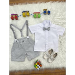 Conjunto Social Pajem Camisa Branca Short e Susp. Cinza Claro