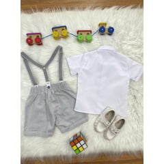 Conjunto Social Pajem Camisa Branca Short e Susp. Cinza Claro