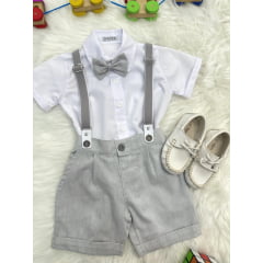Conjunto Social Pajem Camisa Branca Short e Susp. Cinza Claro