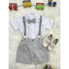 Conjunto Social Pajem Camisa Branca Short e Susp. Cinza Claro