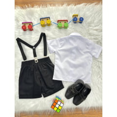 Conjunto Social Pajem Camisa Branca Short e Susp. Preto
