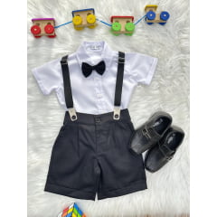 Conjunto Social Pajem Camisa Branca Short e Susp. Preto