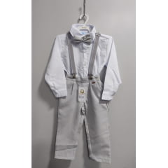 Conjunto Social Pajem Camisa Branco Calça Gravata Susp. Cinza