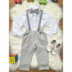 Conjunto Social Pajem Camisa Branco Calça Gravata Susp. Cinza