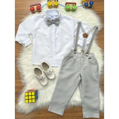 Conjunto Social Pajem Camisa Branco Calça Gravata Susp. Cinza