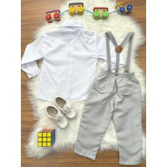 Conjunto Social Pajem Camisa Branco Calça Gravata Susp. Cinza