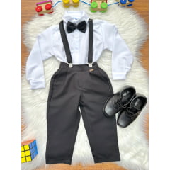 Conjunto Social Pajem Camisa Branco Calça Gravata Susp. Preto