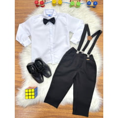 Conjunto Social Pajem Camisa Branco Calça Gravata Susp. Preto