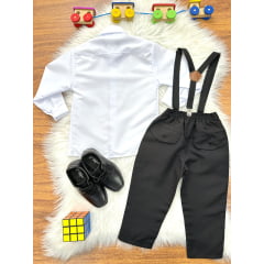 Conjunto Social Pajem Camisa Branco Calça Gravata Susp. Preto