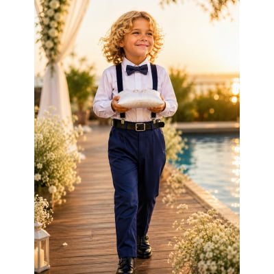 Conjunto Social Pajem Camisa Calça Gravata e Susp. Azul Marinho
