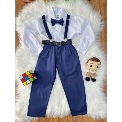 Conjunto Social Pajem Camisa Calça Gravata e Susp. Azul Marinho