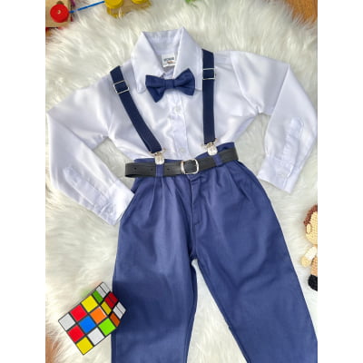 Conjunto Social Pajem Camisa Calça Gravata e Susp. Azul Marinho