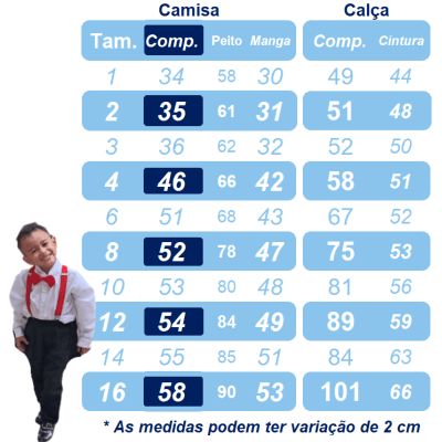 Conjunto Social Pajem Camisa Calça Gravata e Susp. Azul Marinho