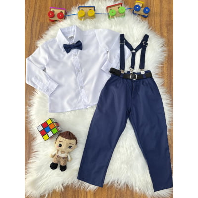 Conjunto Social Pajem Camisa Calça Gravata e Susp. Azul Marinho