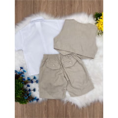 Conjunto Social Short Camisa Colete Gravata Suspensório Bege