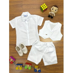 Conjunto Social Short Camisa Colete Gravata Suspensório Branco